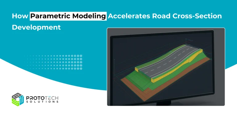 3D-rendered parametric modeling of a road cross-section displayed on a computer monitor, showing asphalt lanes, shoulders, embankments, and grading layers with parametric grid lines.