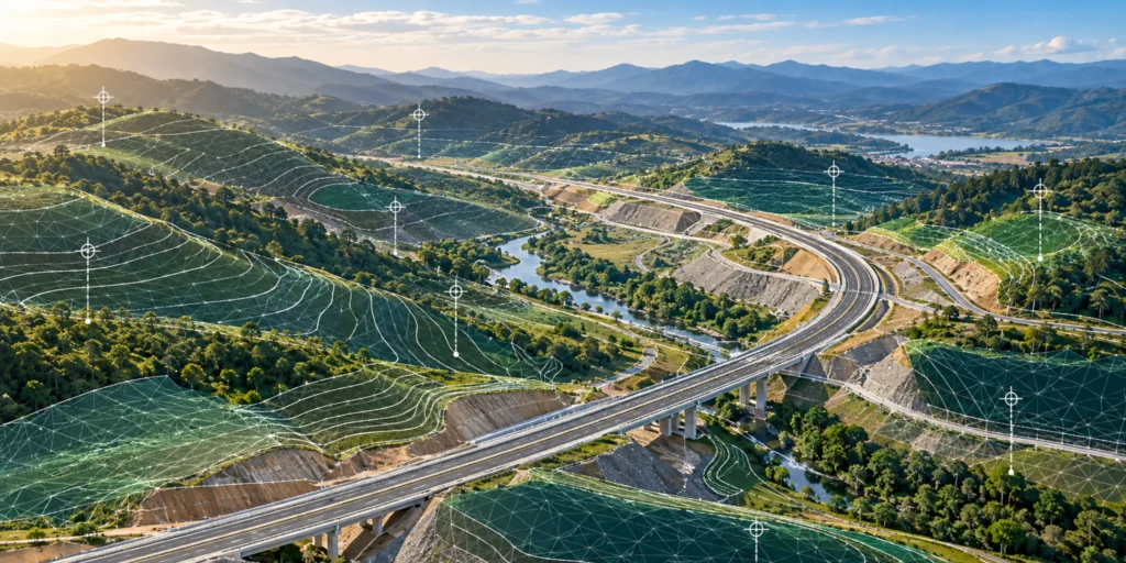 Topographic terrain model used for highway alignment design